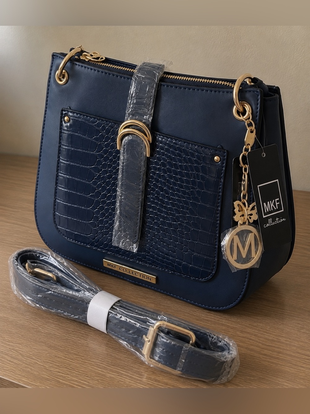 MKF Collection navy blue crocodile textured handbag